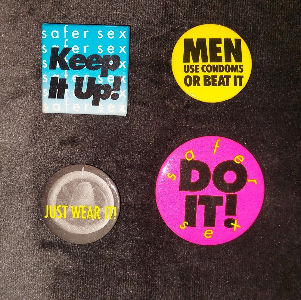 Vintage 90s Gay Mens Health Crisis Safe Sex pinback buttons (4)